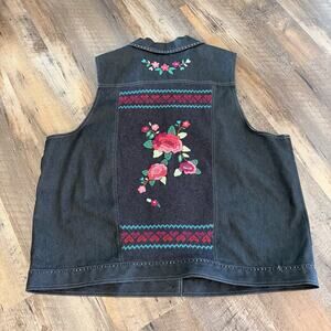 Alfred Dunner 22W Y2K Denim Vest Floral Knit Back Panel